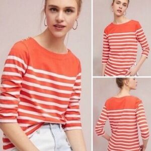 Maeve by Anthropologie Bonnie Striped Boatneck Button Detail Tee‎ Shirt Sz Small